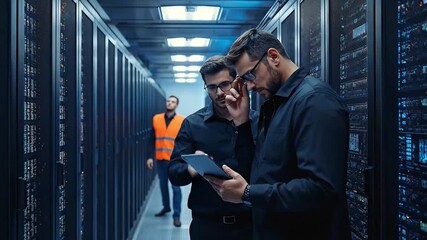IT Engineers Collaborating in Modern Data Center: Professionals Reviewing Data on Tablet Amidst Server Racks, Technician Present - Powered by Adobe
