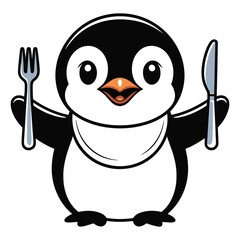 Fototapeta premium Cute cartoon penguin holding a fork and knife