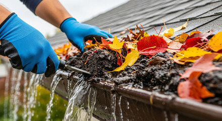 Worker cleaning clogged autumn gutter with vivid leaves and water