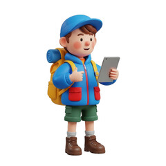 Cartoon boy explorer with backpack and map isolated on transparent background