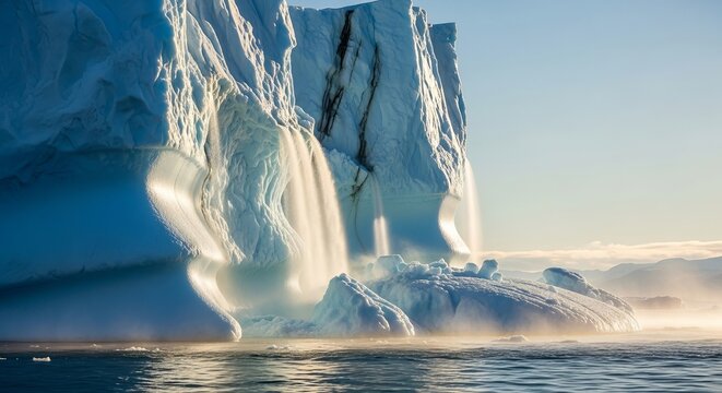 Majestic towering iceberg illuminated by golden sunlight reflecting on calm ocean water