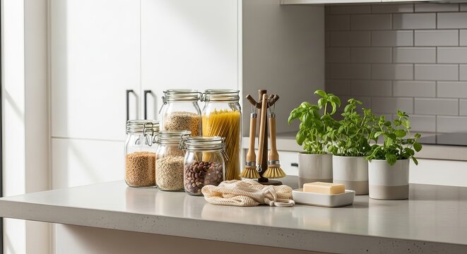 Organized kitchen countertop display of jars filled with spices and grains next to fresh herbs and kitchen utensils