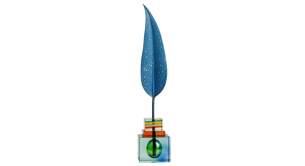 A vibrant blue feather quill pen stands upright from a small decorative ink bottle isolated on transparent background