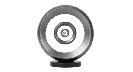 A futuristic circular sculpture with concentric rings and a dark base isolated on transparent background