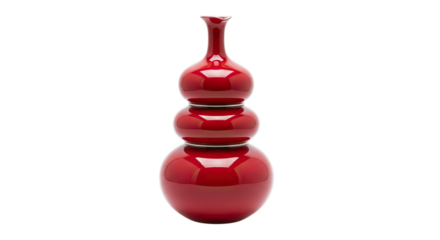 Elegant red ceramic gourd shaped vase with three spherical sections isolated on transparent background