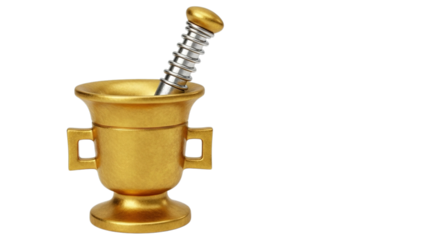 Antique golden mortar and pestle with detailed handles and a textured pestle isolated on transparent background