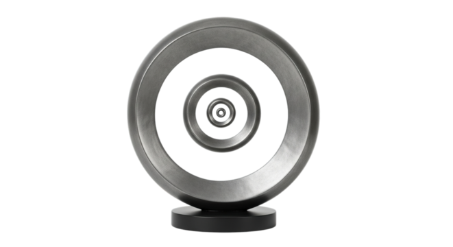 A futuristic circular sculpture with concentric rings and a dark base isolated on transparent background