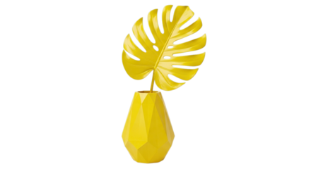 A vibrant yellow monstera leaf in a textured yellow vase isolated on transparent background
