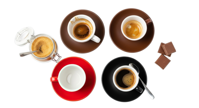 Overhead view of four coffee cups with saucers and chocolate squares isolated on transparent background