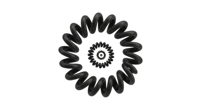 Close up abstract grayscale spiral coil shape with concentric rings isolated on transparent background
