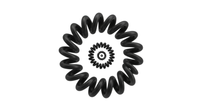 Close up abstract grayscale spiral coil shape with concentric rings isolated on transparent background