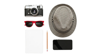 Vintage camera sunglasses flat cap notebook pencil and wallet arranged artistically isolated on transparent background