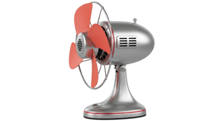 Vintage silver desk fan with orange blades showing retro design elements isolated on transparent background