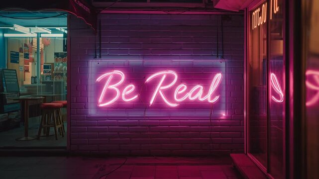 Bright neon sign invites authenticity in a lively urban setting at night