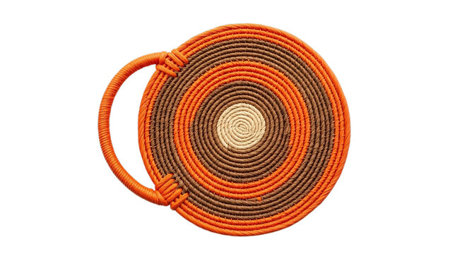 Handwoven coiled basket with a handle featuring concentric circles of orange and brown fibers isolated on transparent background - Powered by Adobe