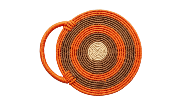 Handwoven coiled basket with a handle featuring concentric circles of orange and brown fibers isolated on transparent background