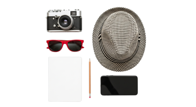 Vintage camera sunglasses flat cap notebook pencil and wallet arranged artistically isolated on transparent background