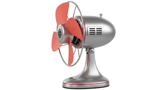 Vintage silver desk fan with orange blades showing retro design elements isolated on transparent background