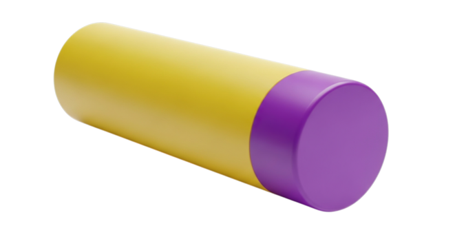 A bright yellow cylindrical object with a purple circular end isolated on transparent background