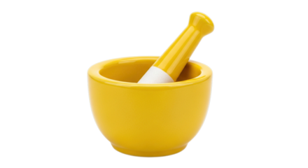 A bright yellow ceramic mortar and pestle set for grinding spices and herbs isolated on transparent background
