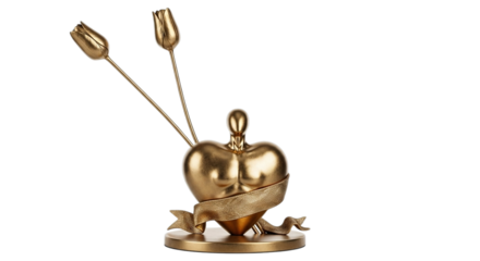 Elegant golden heart sculpture with floral accents and decorative base isolated on transparent background