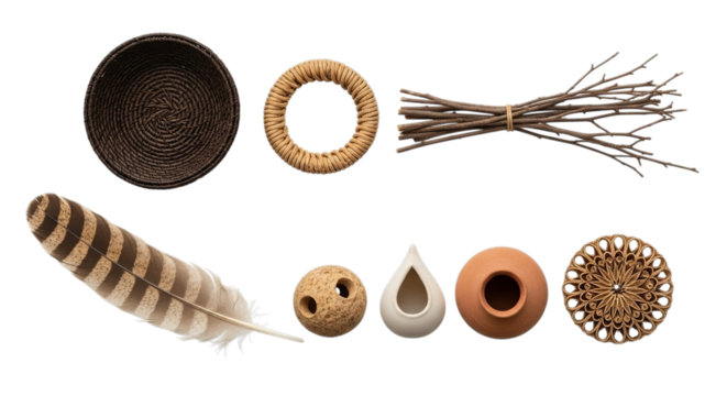 Collection of primitive artifacts and natural objects including a feather and twigs isolated on transparent background