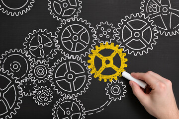 Business process management solution and Businessman drawing connecting gears on chalkboard