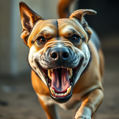 Angry dog charging and barking, he looks mean and upset, about to bite an intruder. Close-up portrait, realistic style