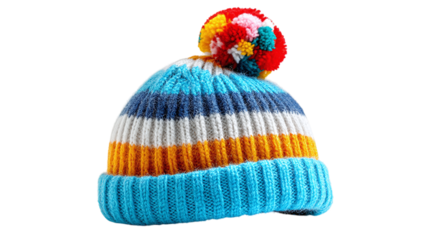 Striped winter beanie with pompom isolated on transparent background