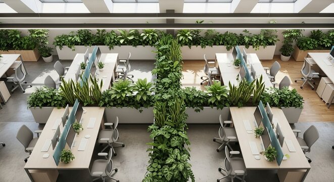 Modern office interior with abundant greenery and natural light creating a biophilic workspace environment - Powered by Adobe