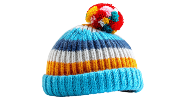 Striped winter beanie with pompom isolated on transparent background