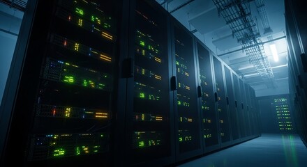 Rows of glowing server racks in a dark futuristic data center with blue and green lights
