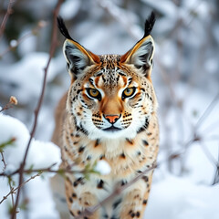 Obraz premium Bobcat in winter snow, natural habitat, and front-facing portrait
