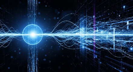 Abstract visualization of quantum entanglement and energy transfer with glowing blue light and digital data streams