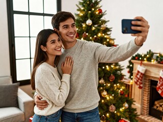 happy couple taking christmas selfie in cozy festive living room