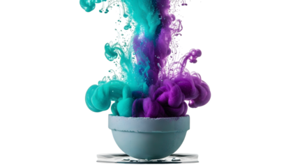 A bath bomb dissolves in water, releasing vibrant purple and teal colors isolated on transparent background