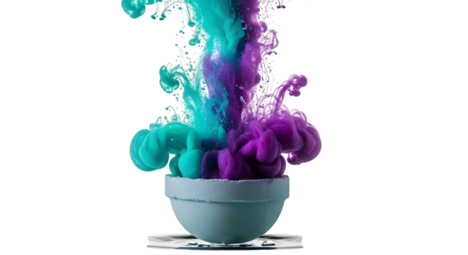 A bath bomb dissolves in water, releasing vibrant purple and teal colors isolated on transparent background