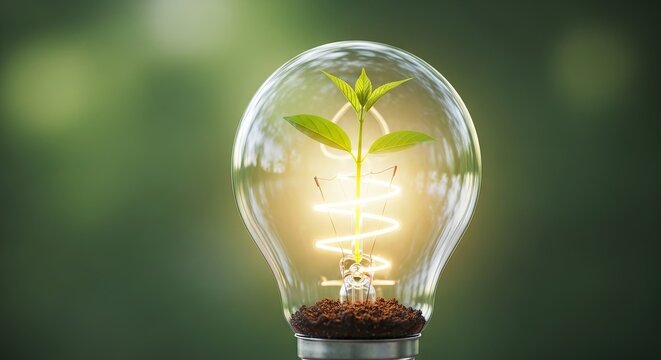A young plant sprouts from soil inside a glowing light bulb symbolizing green energy and new ideas - Powered by Adobe