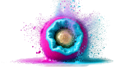 Exploding bath bomb isolated on transparent background releases colorful powder