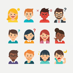 A collection of diverse cartoon character portraits displaying a wide range of human emotions and facial expressions.