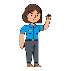 A cartoon illustration of a woman with brown hair wearing a blue shirt and gray pants, waving her right hand.