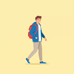 Illustration of a man walking with a backpack on a yellow background. © CharHub Collective