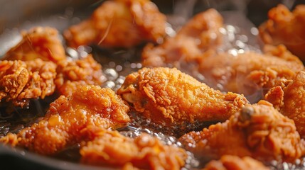 Frying crispy chicken wings in a skillet with oil splattering in