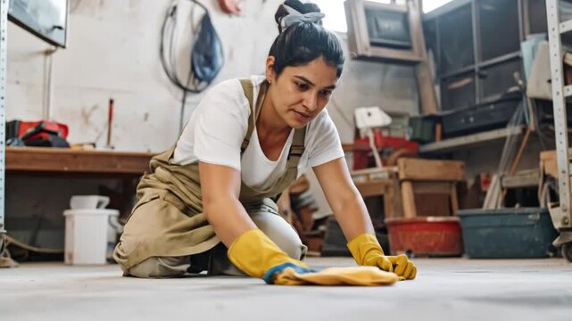 Woman Cleaning Floor in Workshop with Yellow Gloves and Rag.