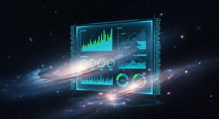 Futuristic digital interface displaying financial data and analytics in a cosmic nebula