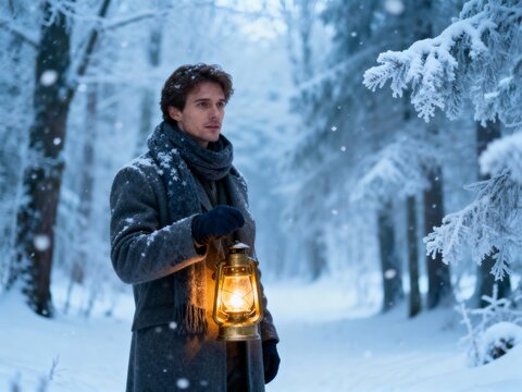 man holding lantern in snowy winter forest during snowfall - Powered by Adobe