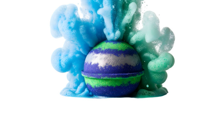 A green and blue bath bomb is dissolving in water isolated on transparent background