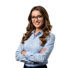 Smiling woman wearing glasses and blue shirt isolated on transparent background