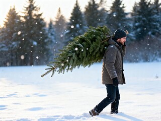 man carrying freshly cut christmas tree in snowy winter landscape