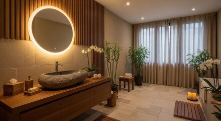 Elegant bathroom with wooden accents and modern design.